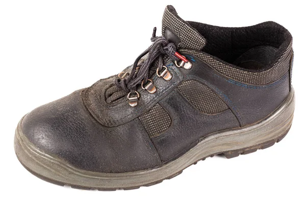 Jedna z použitých modrých kožených pracovních bot s tkaninky izolovanými na bílém pozadí — Stock fotografie