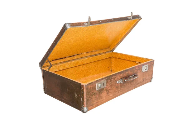 Vieja maleta de fibra soviética marrón abierta aislada sobre fondo blanco — Foto de Stock