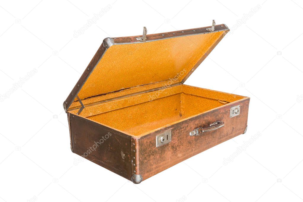old opened brown soviet fiber suitcase isolated on white background