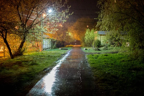 夏季夜晚俄罗斯郊区小巷在雨夜与去聚焦浅深度的飞丝技术 — 图库照片