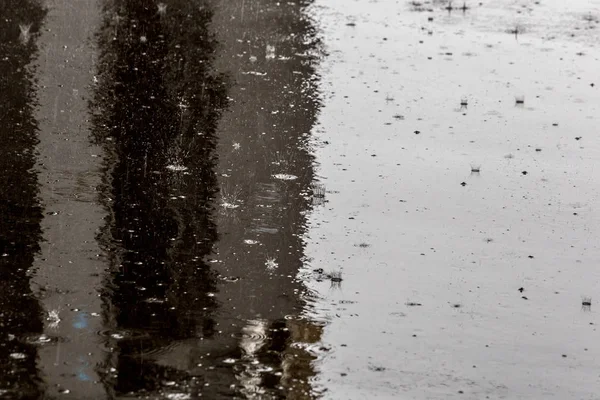 闪亮湿平沥青背景上的雨滴，具有选择性聚焦. — 图库照片
