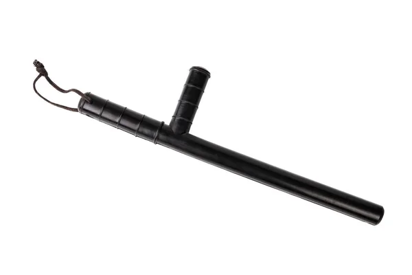 Black classic rubber police tonfa baton isolated on white background in top-down flat lay perspective. — Stock Photo, Image