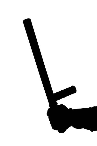 Una silueta de mano en blanco y negro con bastón policial de goma aislado sobre fondo blanco —  Fotos de Stock