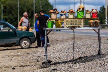 Tula, Rusya - 21 Temmuz 2019: seçici odaklı ve bulanık araba ve insan arka plan ile yol kenarında mantar satışı