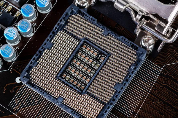 Opende centrale processor LGA slot op PC moederbord-close-up shot met selectieve focus en Blur — Stockfoto