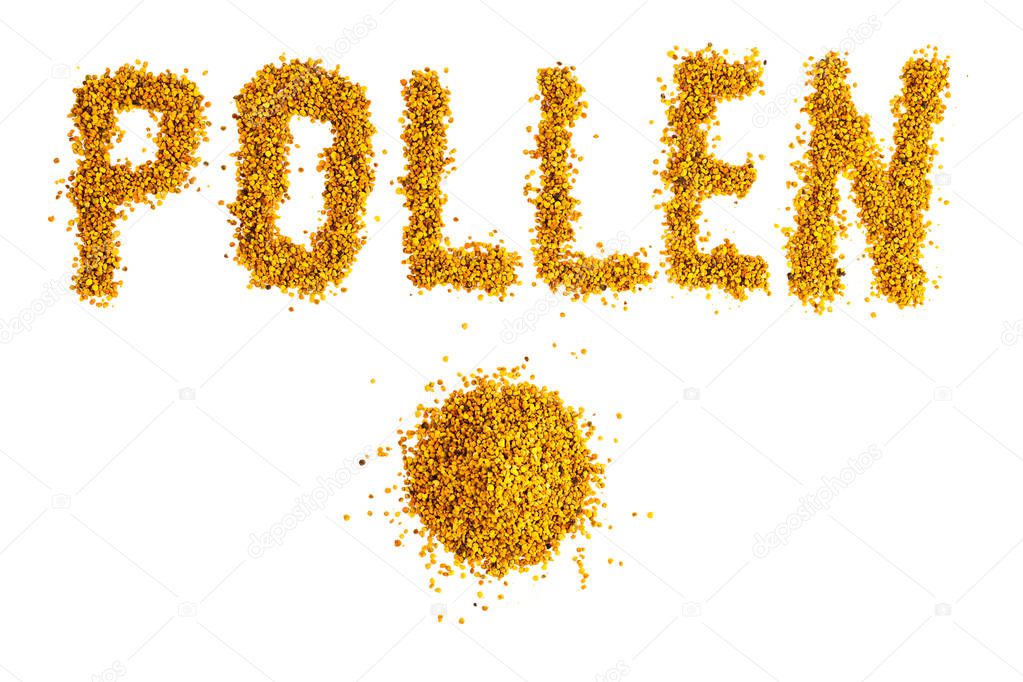 letters and small heap of bee pollen granules isolated on white background