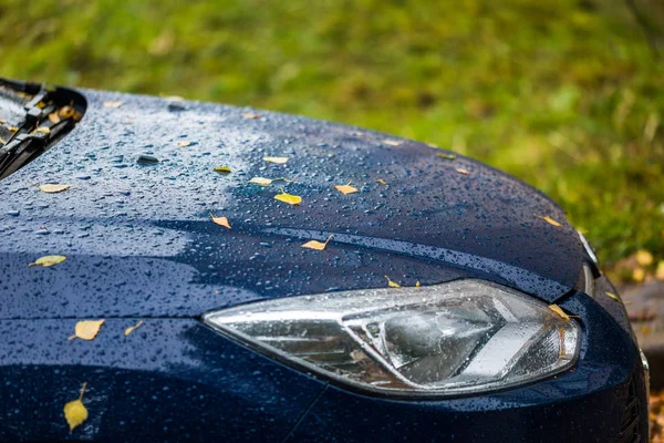 Blauwe auto bij regenachtige herfst weer met oranje berken bladeren-selectieve focus Win Blur close-up — Stockfoto