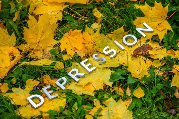 Słowo Depresja złożone z grubych liter aluminium na ziemi z liści klonu, trawy i składu po przekątnej. — Zdjęcie stockowe