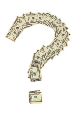 Beyaz arka planda izole edilmiş 100 Amerikan dolarından yapılmış soru işareti