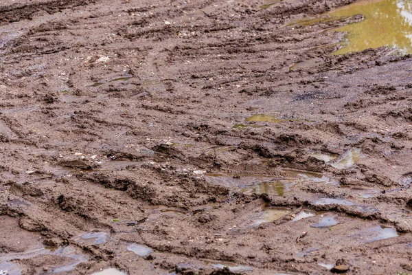 Estrada de barro sujo com poças e marcas de pneus - close-up com foco seletivo e borrão — Fotografia de Stock