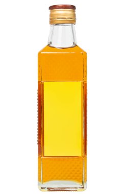 Beyaz arka planda izole edilmiş küçük dikdörtgen sarı Çin yağı şişesi.