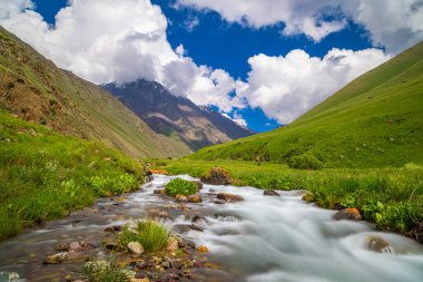 Serene mountain valley features a flowing stream winding through rocks and lush green grass. Peaceful daytime scene evokes tranquility and connection with nature in Kyrgyzstan