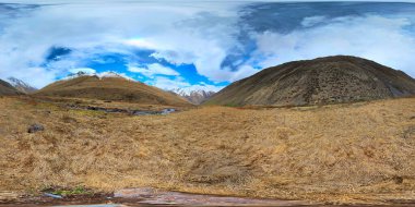 Full Spherical panorama of early spring mountains gorge at sunny afternoon in Kyrgyzstan in equirectangular projection