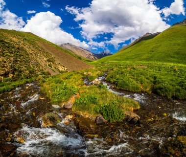 Serene stream flows gracefully over rocks in a mountainous region. Tranquil natural environment captures the peaceful essence of daytime outdoors, evoking a majestic feeling. in Kyrgyzstan