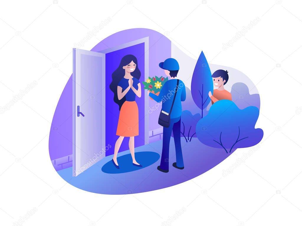 Courier delivers flowers to a girl. Vector illustration in flat style.