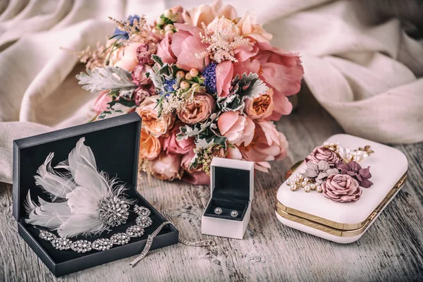 Wedding Composition Bride Accessories Earrings Flower Handbag Necklace — Stock Photo, Image