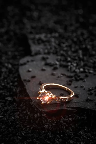 Lady Ring Sparkling Crystals Black Slate Background Copy Space — Stock Photo, Image
