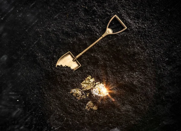 Bitcoin altın sikke ve aracı Bahçe Küreği. Sanal cryptocurrency incelemesi kavramı.