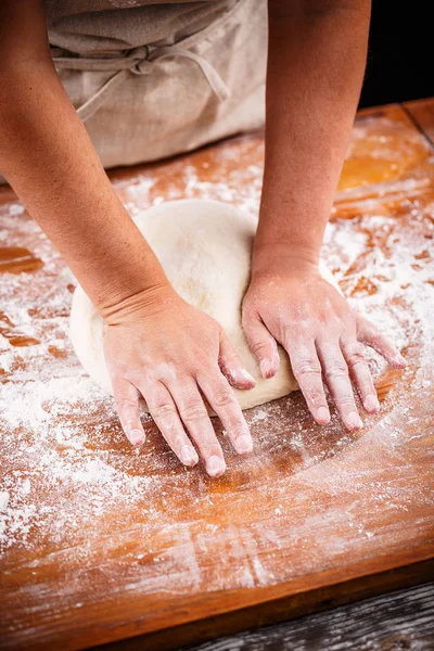 Woman Hands Knead Dough Table — Stock Photo, Image