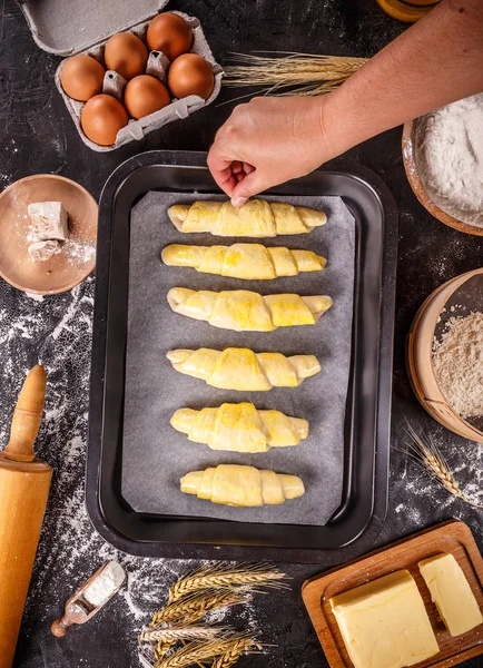 Sprinkling Salt Homemade Croissaints — Stock Photo, Image