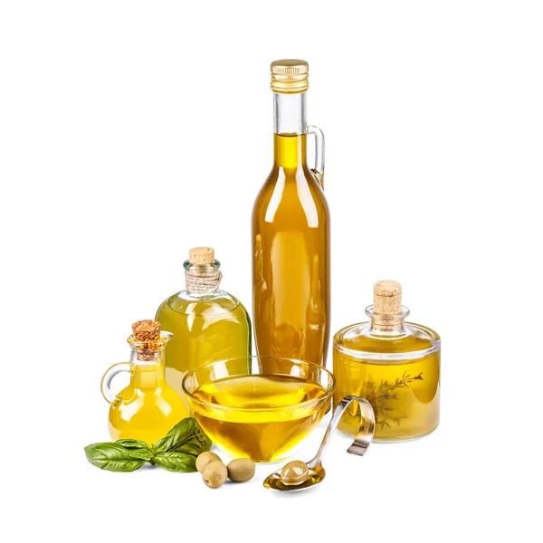 Olio Bottiglie Epoca Con Olive Verdi Fondo Bianco — Foto Stock