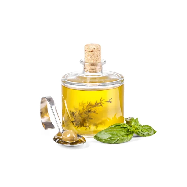 Glasflasche Mit Nativem Olivenöl Extra Grüne Oliven Dosen Auf Weißem Stockbild
