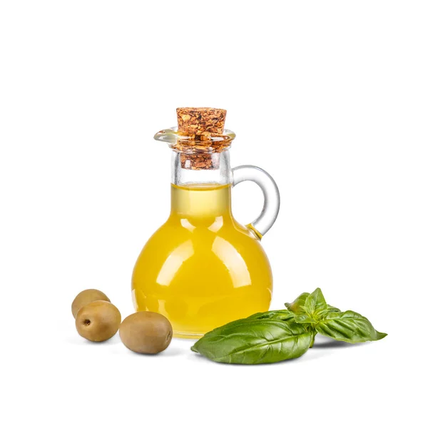 Flasche Mit Olivenöl Auf Weißem Hintergrund — Stockfoto