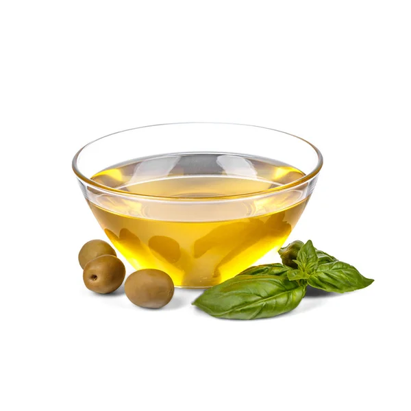 Ciotola Con Olio Olive Scatola Fondo Bianco — Foto Stock