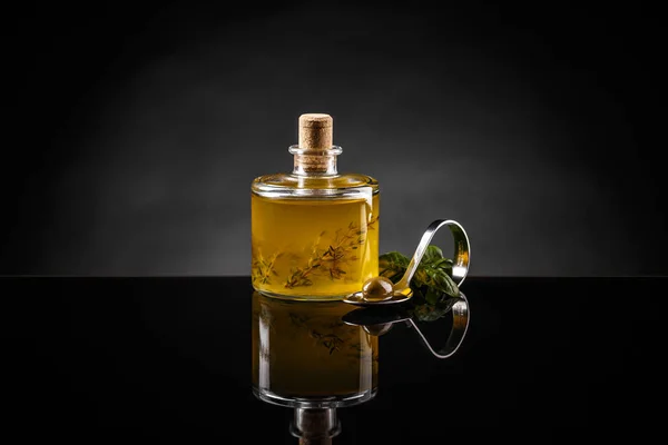 Olive Oil Thyme Glass Bottle Olive Iron Spoon — Stock Photo, Image