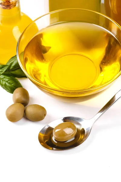 Aceite Oliva Virgen Extra Saludable Aceitunas Verdes — Foto de Stock