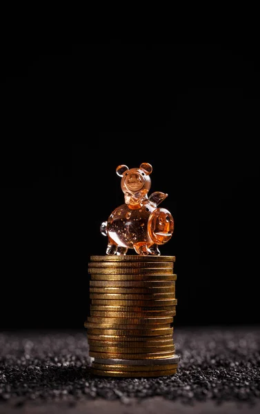 Goldene Bitcoins Liegen Einem Haufen Mit Schweinchen Auf Dunklem Hintergrund — Stockfoto