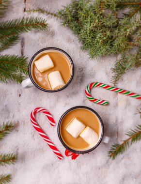 Kakao emaye kupa şekerleme ve şeker kamışı ile üstten görünüm 