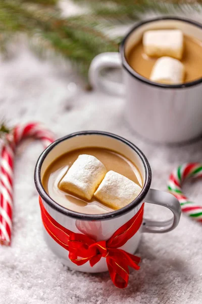 Cioccolata Calda Fatta Casa Con Marshmallow Tazza Smalto Bianco Fotografia Stock