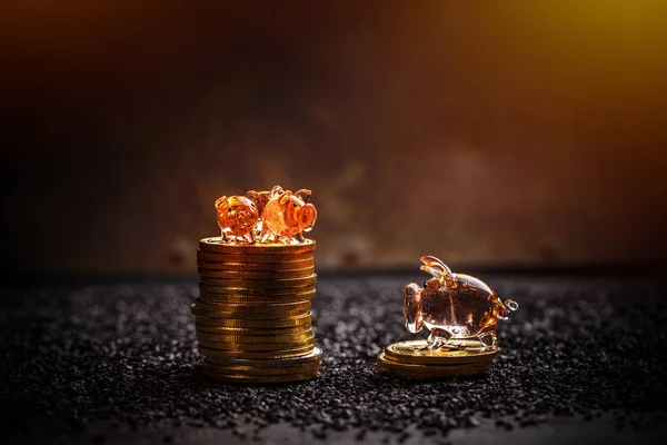 Gouden Bitcoins Liggen Een Stapel Met Weinig Piggy Donkere Achtergrond — Stockfoto