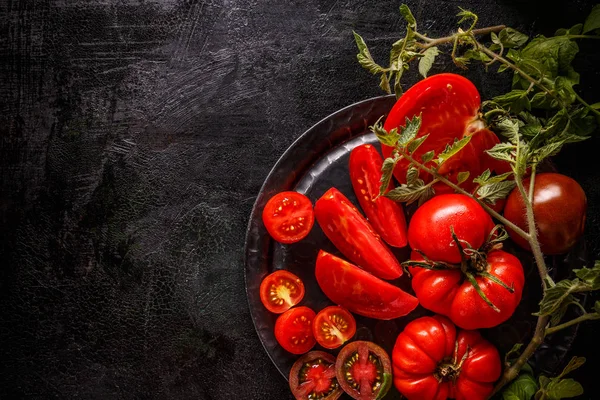 新鲜成熟的花园西红柿黑色背景 空间为您的文本 — 图库照片