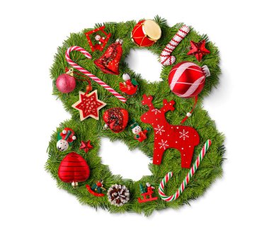 8 numara. beyaz zemin üzerinde Noel ağacı süsle