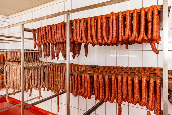 Stick Salami Wędzone Tle Fabryce Mięsa — Zdjęcie stockowe