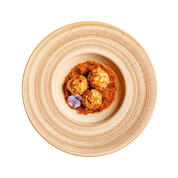 Cottage Cheese Dumpling Rolled Roasted Almond Carob Powder Warm Honey — Stock Photo, Image