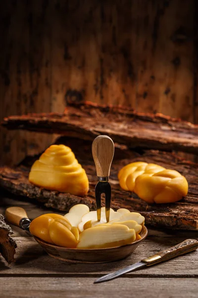 Still Life Cheese Wooden Board — Stock Photo, Image
