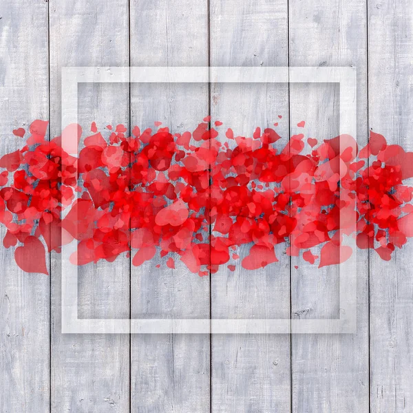 Veel Kleine Rode Harten Vliegen Witte Houten Achtergrond — Stockfoto