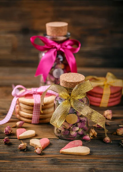 Fundo Amor Com Botões Rosa Rosa Para Chá Frasco Vidro — Fotografia de Stock