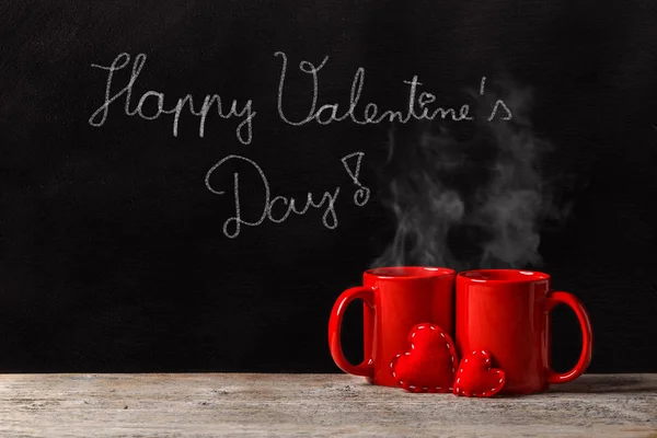 Pair Tea Mugs Chalk Text Happy Valentine Day Concept — Stock Photo, Image