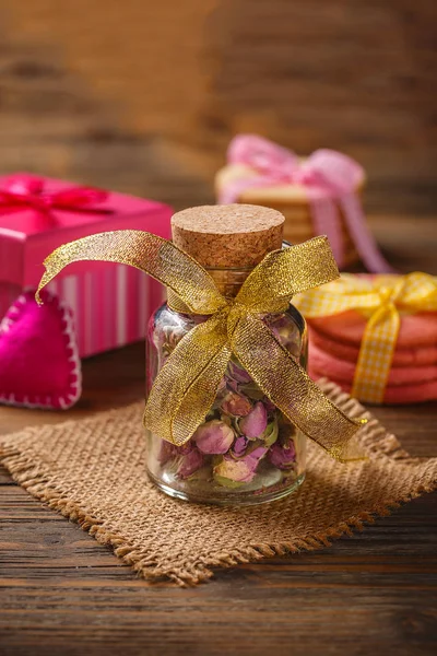 Small Dry Buds Roses Tea Glas Jar — Stock Photo, Image