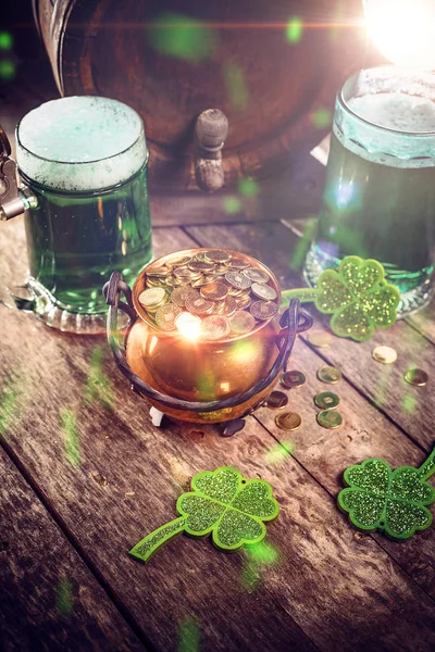 Patrick Day Still Life Cauldron Gold Coins Green Beer Shamrock — Stock Photo, Image