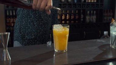 Barmen iş yerinde, o turuncu kokteyl votka, hizmeti ve içecekler hakkında konsepti ile hazırlanıyor 