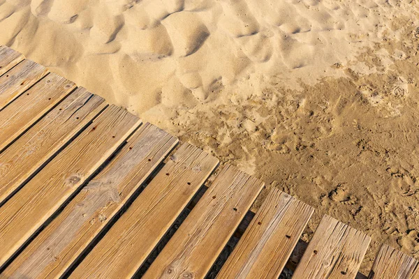 Promenade Bois Altérée Sur Sable Plage Vieillie Plancher Bois Brun — Photo