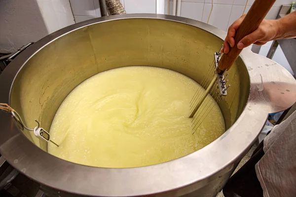 Fabricante de queso mezclando la leche —  Fotos de Stock