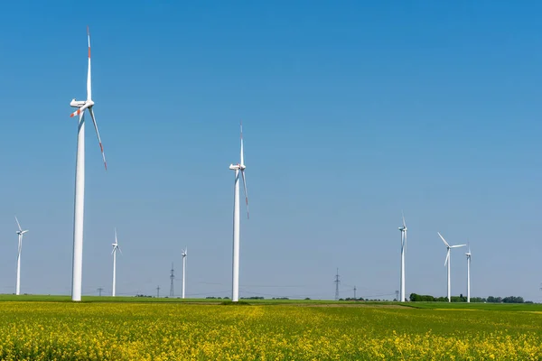 Some Wind Power Plants Field Flourishing Rapeseed Seen Germany — Stock Photo, Image