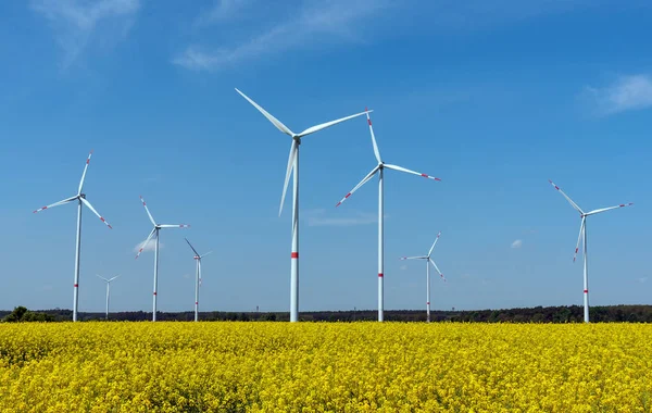 Wind Power Plants Field Blooming Oilseed Rape Seen Rural Germany — Stock Photo, Image