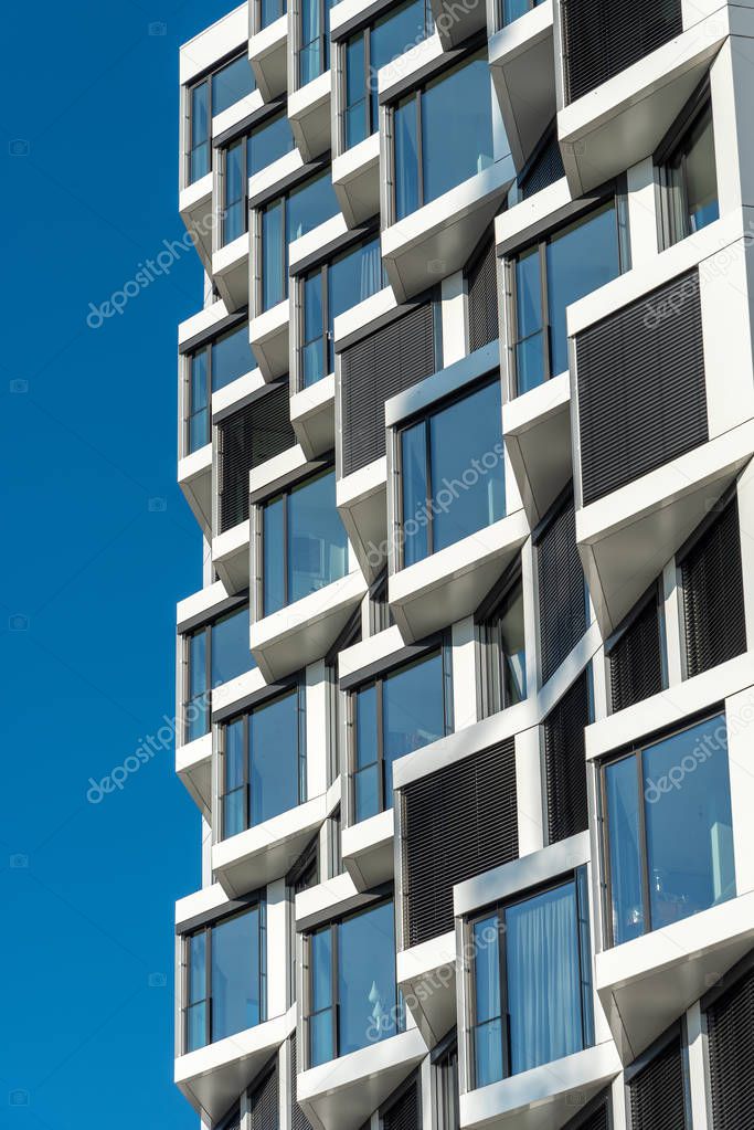 Facade of modern high-rise apartment building seen in Munich, Germany